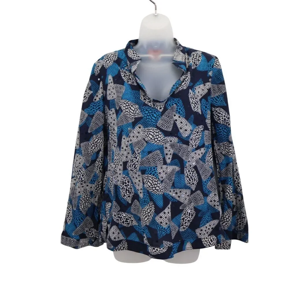Tory Burch Stephanie Blue Sea Shell Sequins Detail Tunic Top Size 6